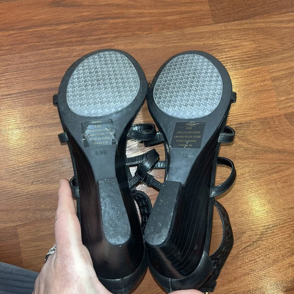 Lauren Ralph Lauren Meira Black Leather Strappy Wedge Sandals Braided Ankle 8.5B